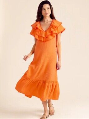 $248 S'edge Orange V-neckline Midi Dress with Ruffles, Small